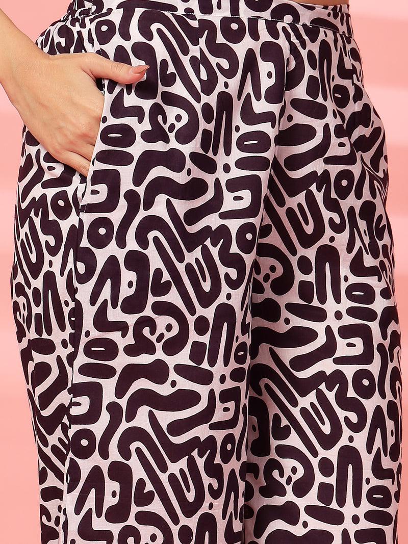 Indibelle Cotton Short Crop Abstract Print Co-ord Set (Purple)