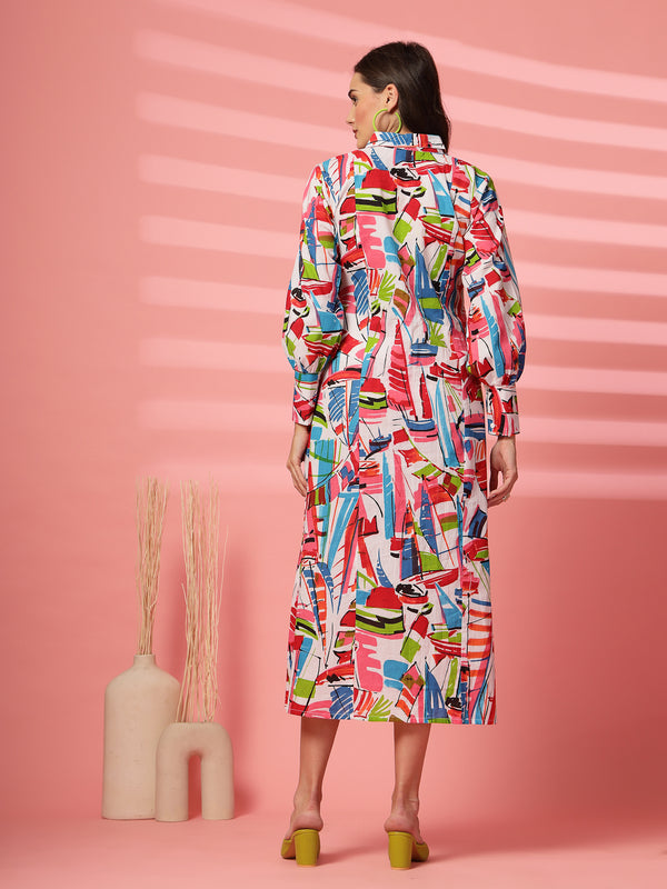 Indibelle Cotton Abstract Print Shirt A-Line Dress (Multicolor)