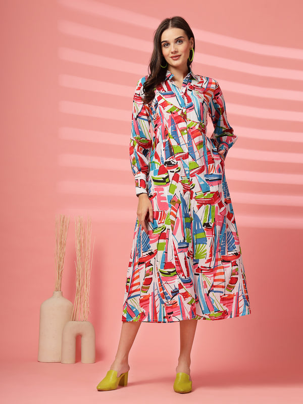 Indibelle Cotton Abstract Print Shirt A-Line Dress (Multicolor)