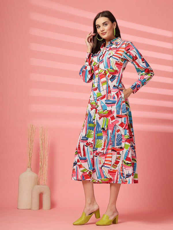Indibelle Cotton Abstract Print Shirt A-Line Dress (Multicolor)