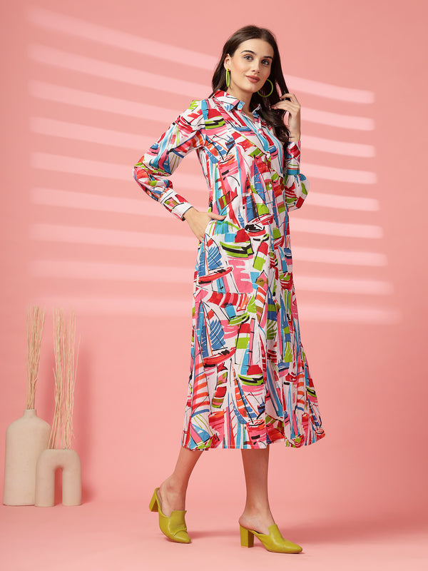 Indibelle Cotton Abstract Print Shirt A-Line Dress (Multicolor)