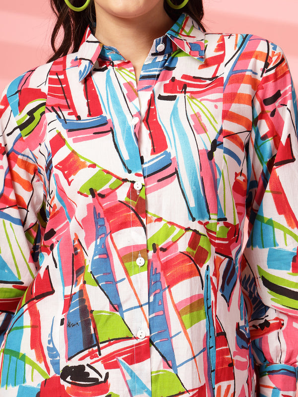 Indibelle Cotton Abstract Print Shirt A-Line Dress (Multicolor)