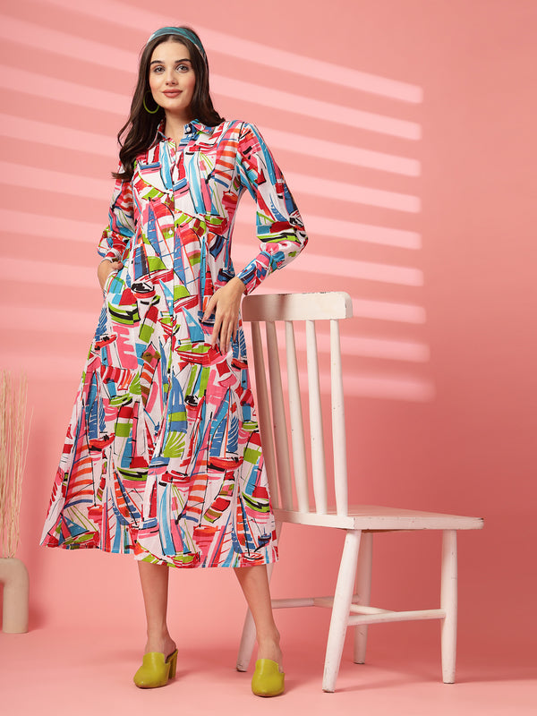 Indibelle Cotton Abstract Print Shirt A-Line Dress (Multicolor)