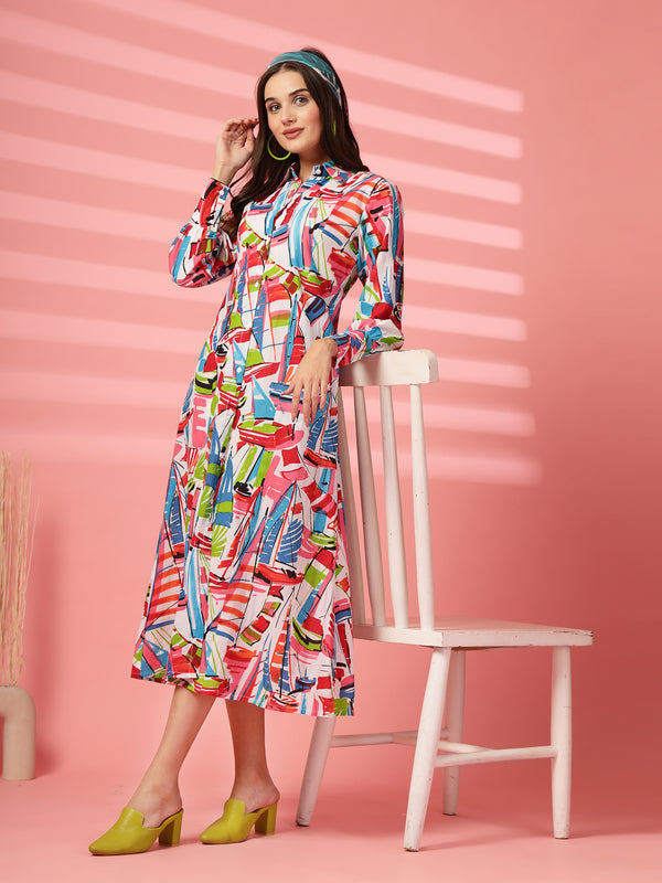 Indibelle Cotton Abstract Print Shirt A-Line Dress (Multicolor)