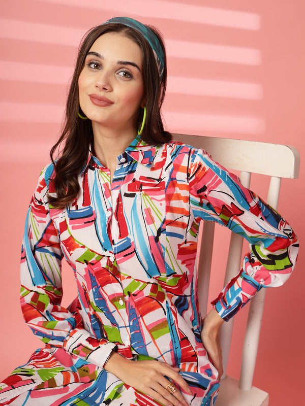Indibelle Cotton Abstract Print Shirt A-Line Dress (Multicolor)