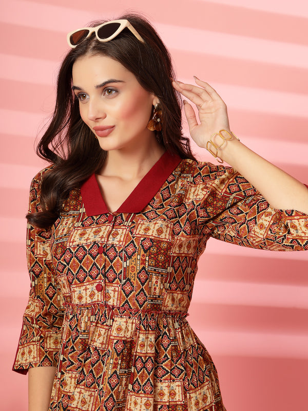 Indibelle Cotton Ethnic Print Maxi Dress (Maroon)