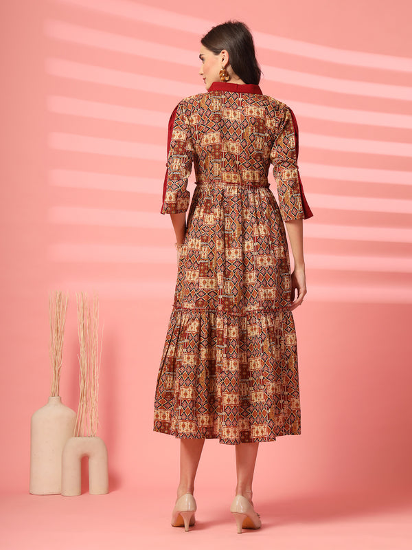 Indibelle Cotton Ethnic Print Maxi Dress (Maroon)