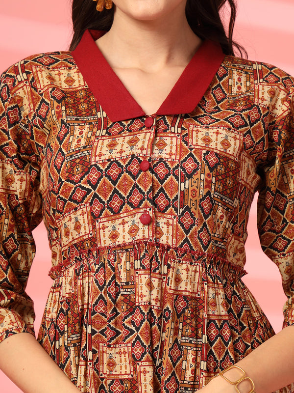 Indibelle Cotton Ethnic Print Maxi Dress (Maroon)