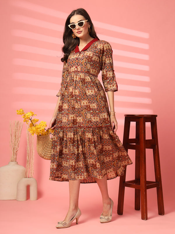 Indibelle Cotton Ethnic Print Maxi Dress (Maroon)