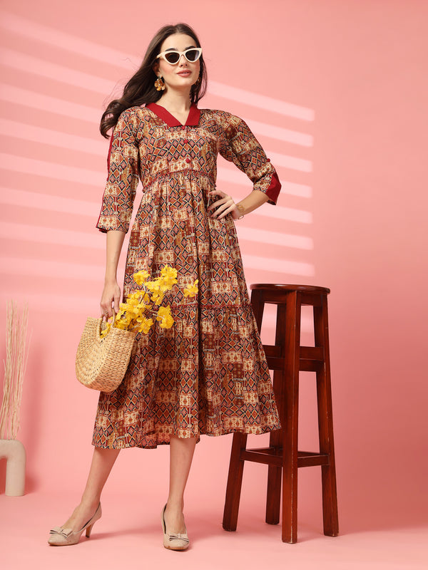 Indibelle Cotton Ethnic Print Maxi Dress (Maroon)