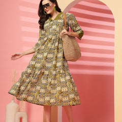 Indibelle Cotton Ethnic Print Maxi Dress (Olive)