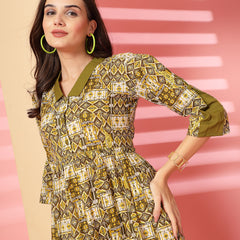 Indibelle Cotton Ethnic Print Maxi Dress (Olive)