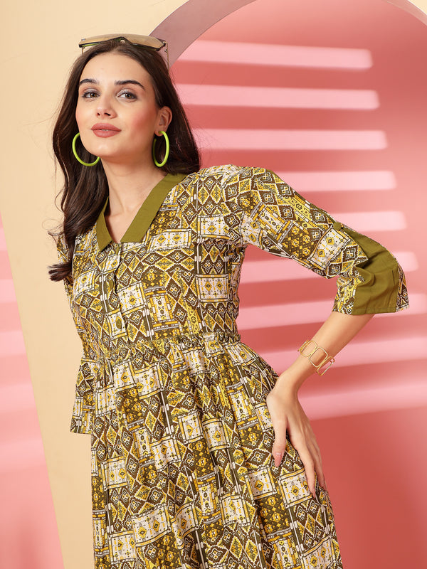 Indibelle Cotton Ethnic Print Maxi Dress (Olive)