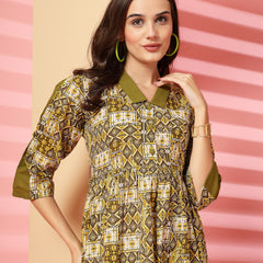 Indibelle Cotton Ethnic Print Maxi Dress (Olive)