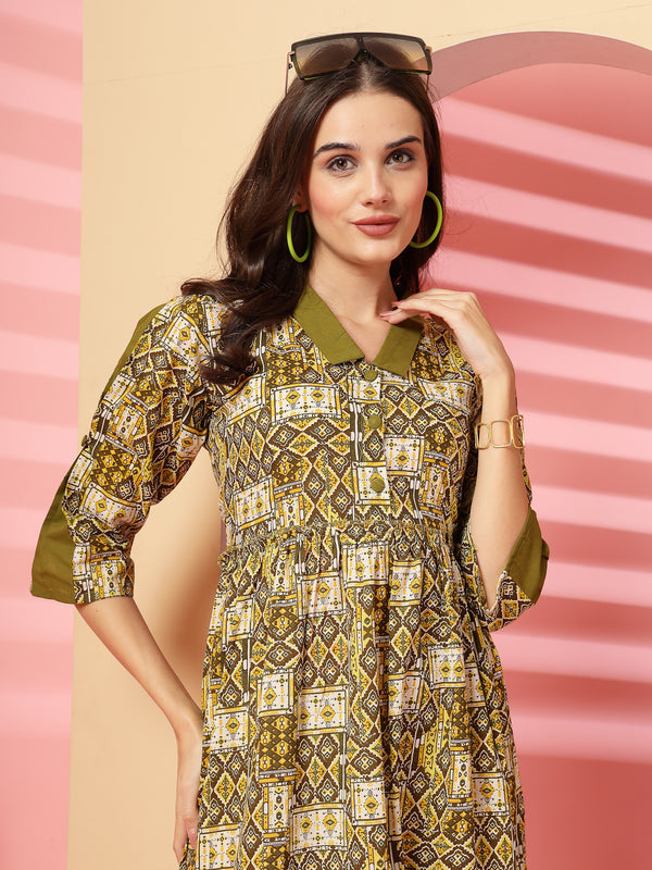 Indibelle Cotton Ethnic Print Maxi Dress (Olive)