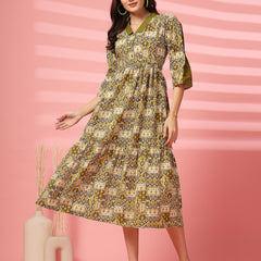 Indibelle Cotton Ethnic Print Maxi Dress (Olive)