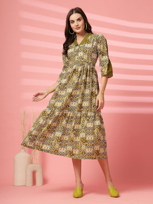 Indibelle Cotton Ethnic Print Maxi Dress (Olive)