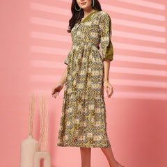 Indibelle Cotton Ethnic Print Maxi Dress (Olive)