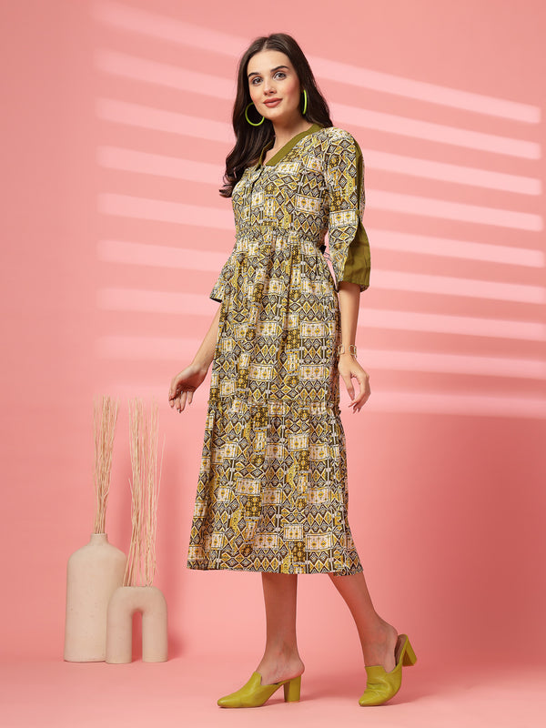 Indibelle Cotton Ethnic Print Maxi Dress (Olive)