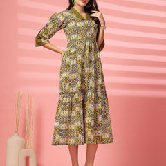 Indibelle Cotton Ethnic Print Maxi Dress (Olive)