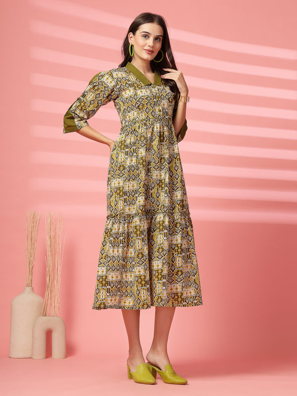 Indibelle Cotton Ethnic Print Maxi Dress (Olive)