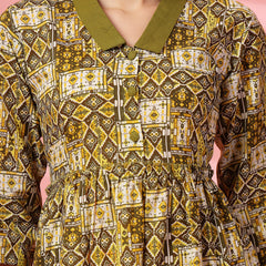 Indibelle Cotton Ethnic Print Maxi Dress (Olive)
