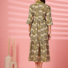 Indibelle Cotton Ethnic Print Maxi Dress (Olive)