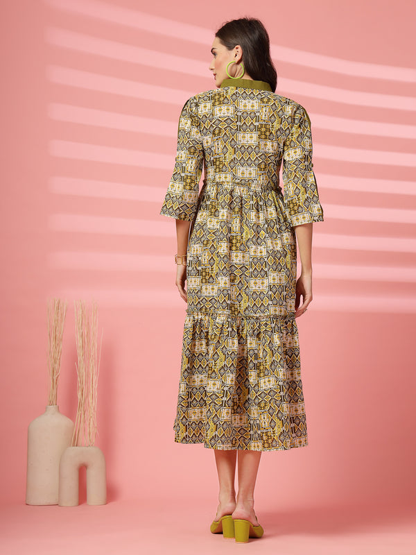 Indibelle Cotton Ethnic Print Maxi Dress (Olive)