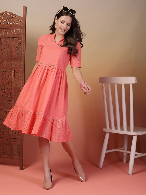 Indibelle Cotton Schiffli Solid Dress