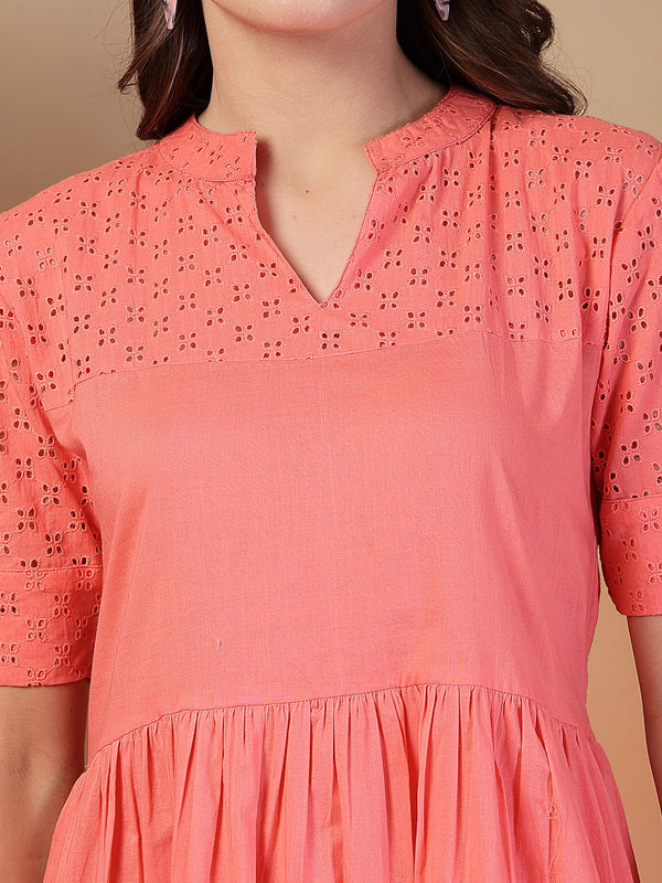 Indibelle Cotton Schiffli Solid Dress