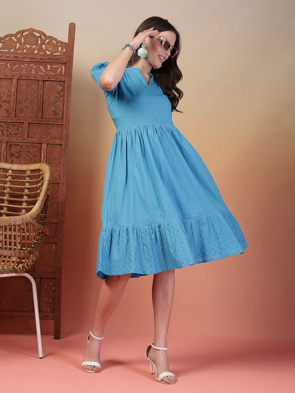 Indibelle Cotton Schiffli Solid Dress