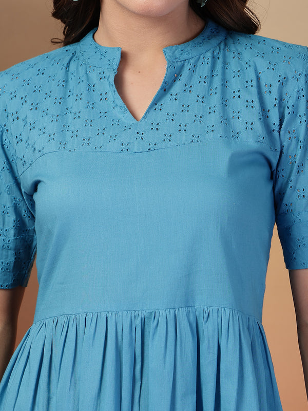 Indibelle Cotton Schiffli Solid Dress