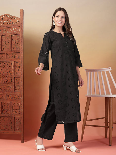 Indibelle Cotton Schiffli Solid Kurta Set