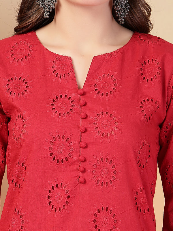 Indibelle Cotton Schiffli Solid Kurta Set
