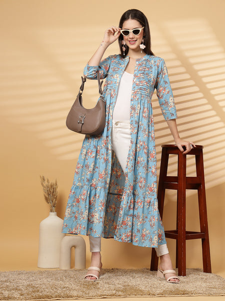 Indibelle Cotton Floral Print Flared Maxi Cape/Shrug (Sky Blue)