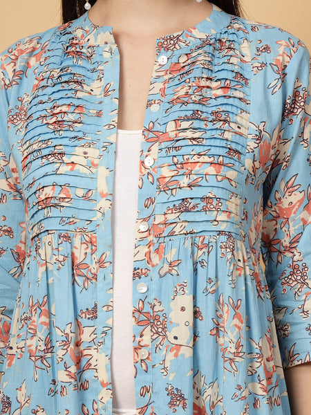 Indibelle Cotton Floral Print Flared Maxi Cape/Shrug (Sky Blue)