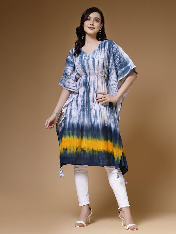 Indibelle Blue Tie Dye Print Cotton Kaftan Kurta