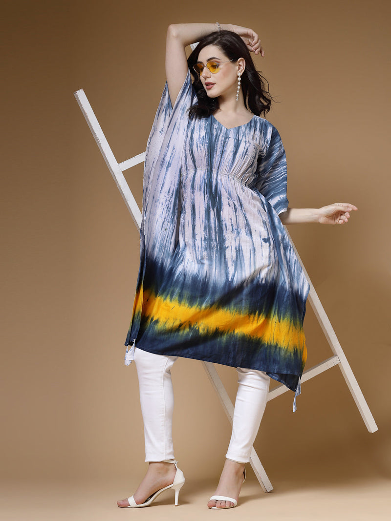 Indibelle Blue Tie Dye Print Cotton Kaftan Kurta