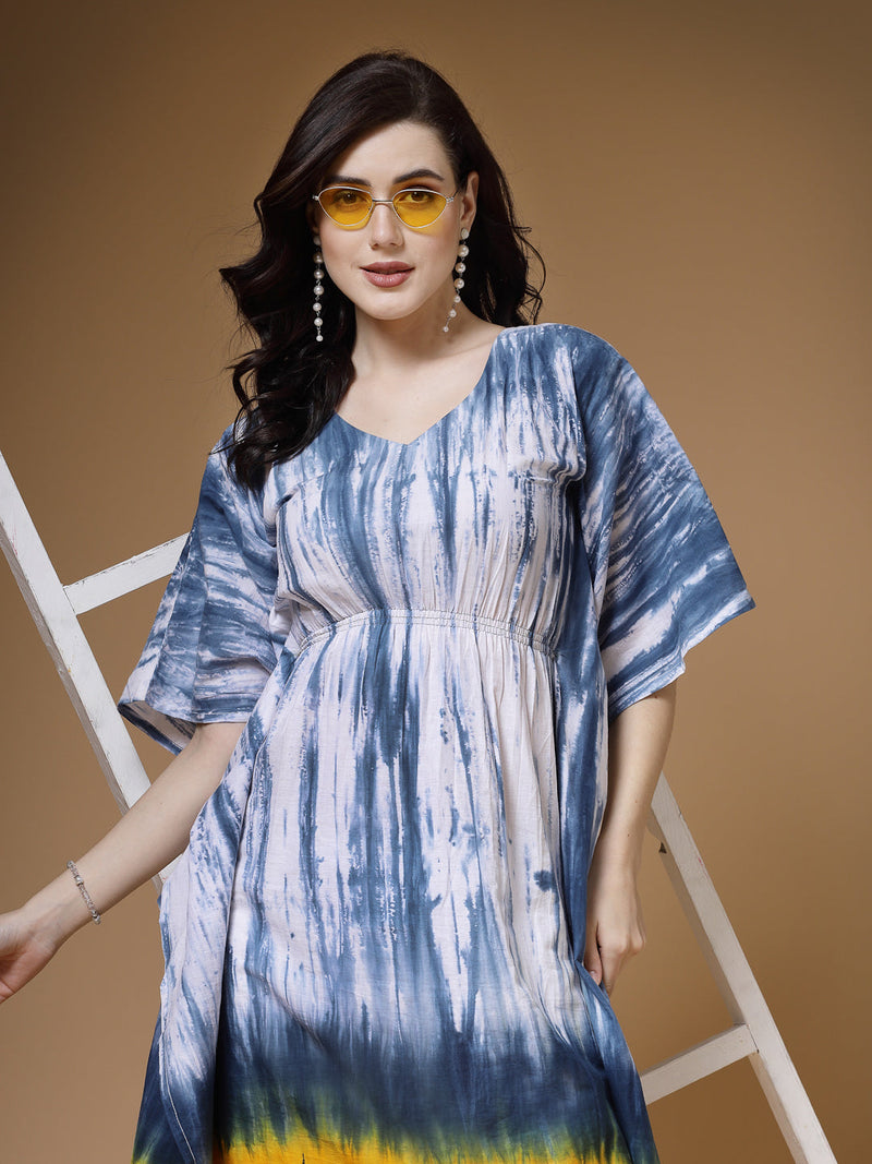 Indibelle Blue Tie Dye Print Cotton Kaftan Kurta