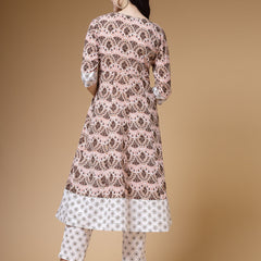 Indibelle Cotton Brown White Floral print A-Line Kurta 