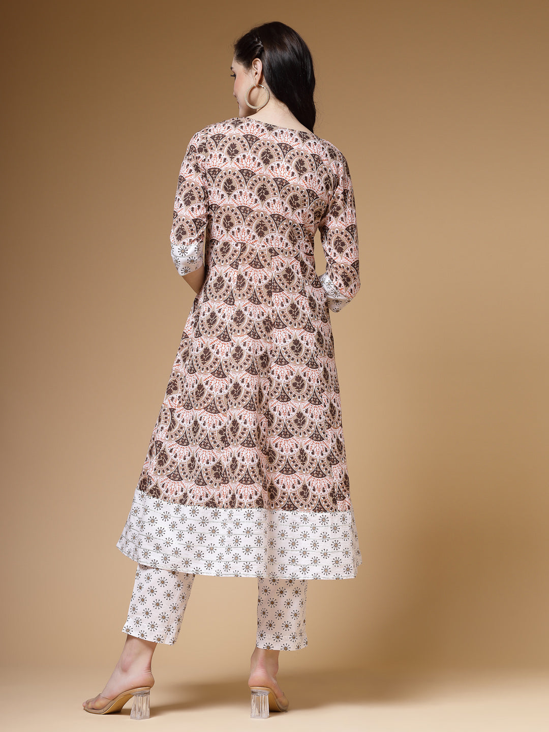 Indibelle Cotton Brown White Floral print A-Line Kurta 