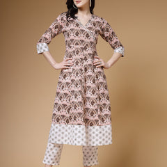 Indibelle Cotton Brown White Floral print A-Line Kurta 
