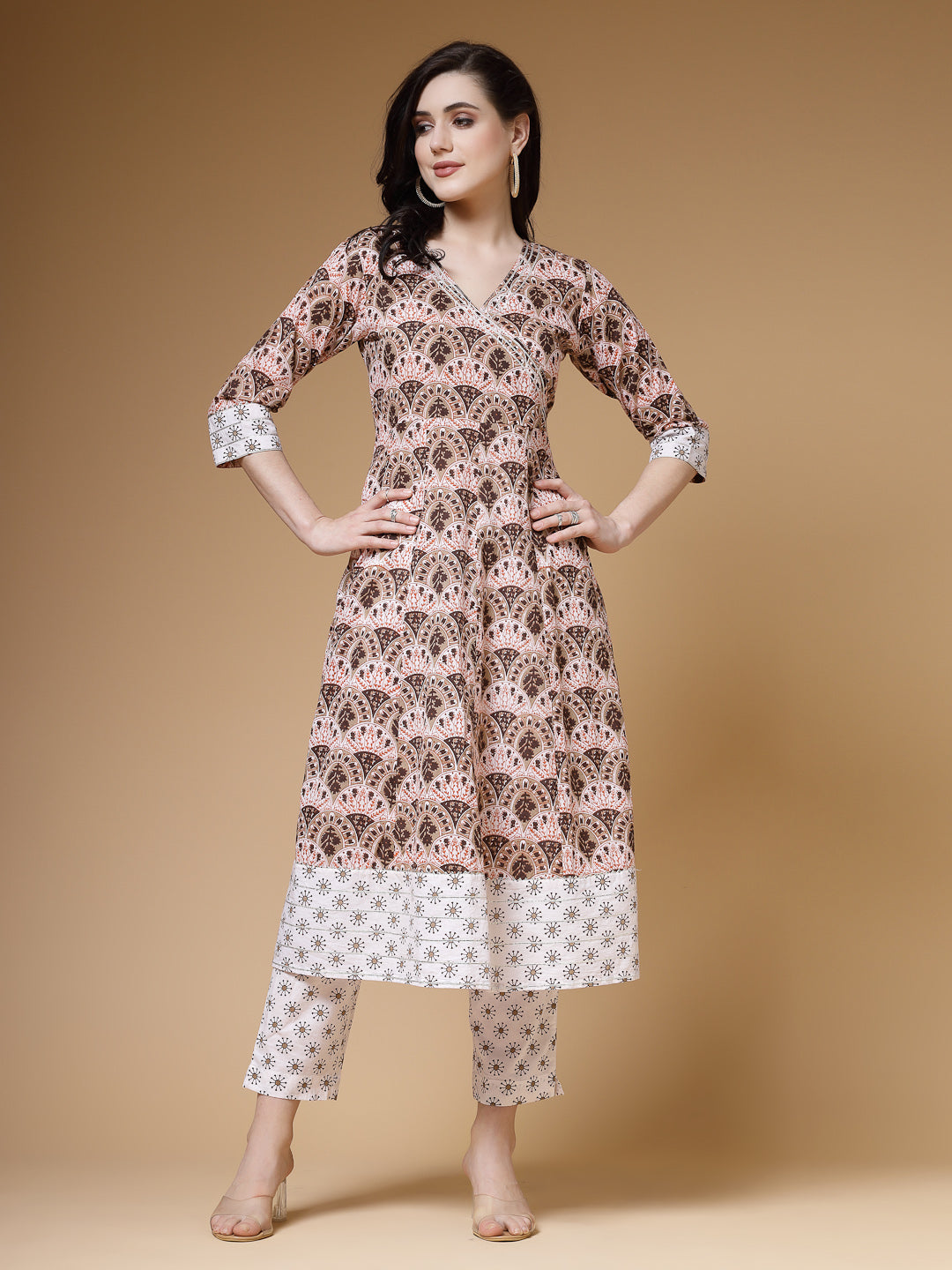 Indibelle Cotton Brown White Floral print A-Line Kurta 