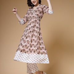 Indibelle Cotton Brown White Floral print A-Line Kurta 