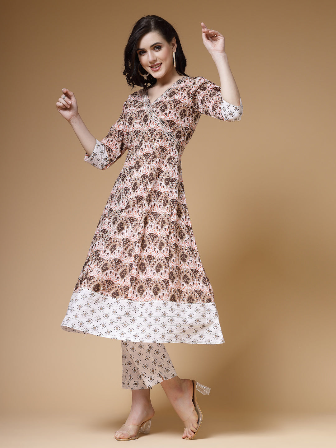 Indibelle Cotton Brown White Floral print A-Line Kurta 