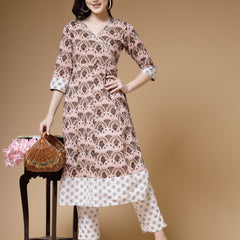 Indibelle Cotton Brown White Floral print A-Line Kurta 