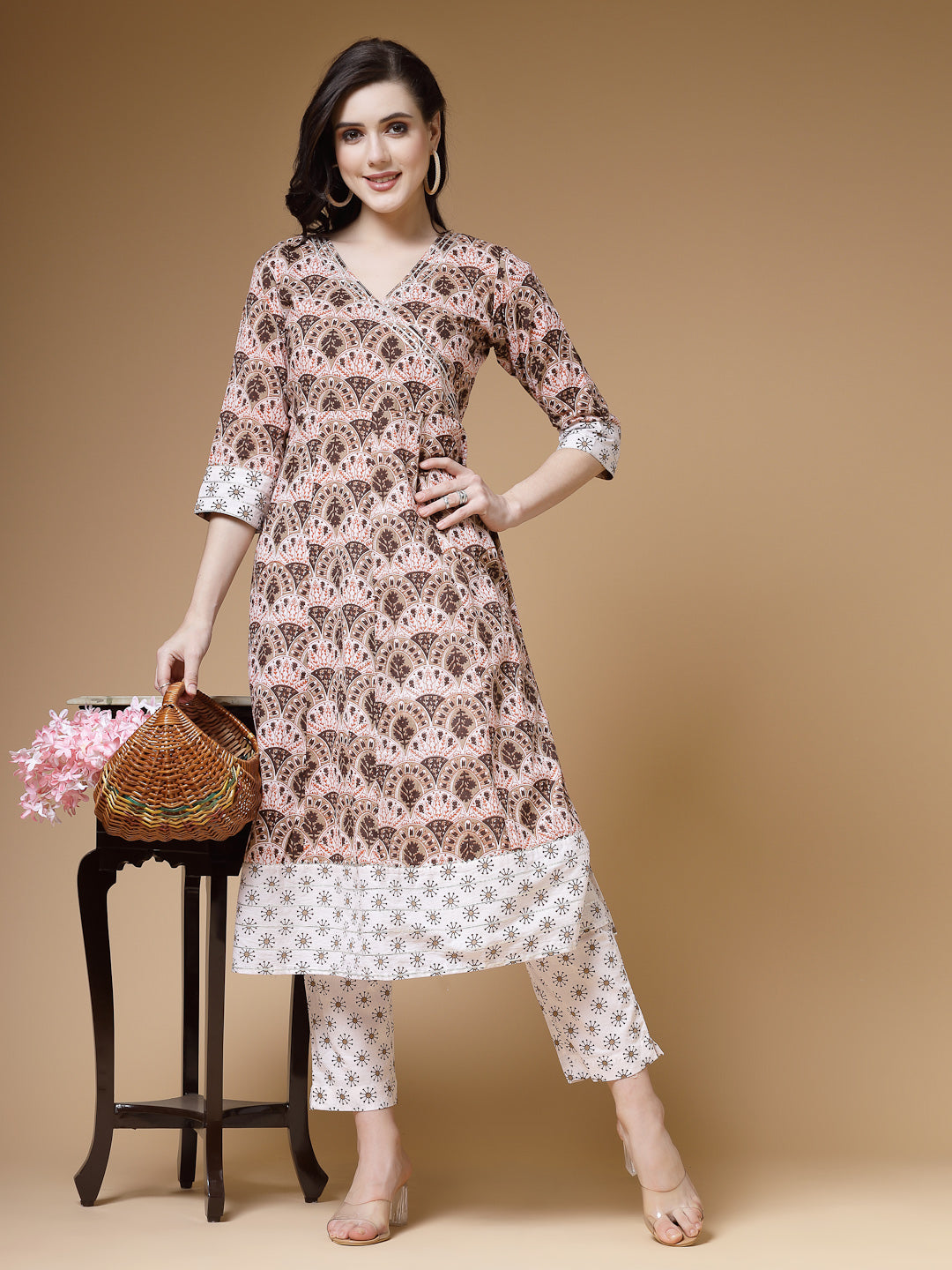 Indibelle Cotton Brown White Floral print A-Line Kurta 