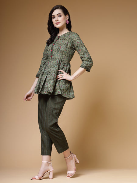 Indibelle Cotton Floral Print  Co-ord Set - Green