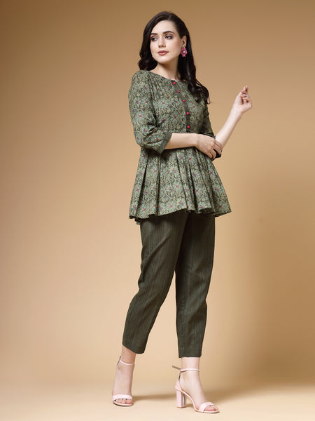 Indibelle Cotton Floral Print  Co-ord Set - Green