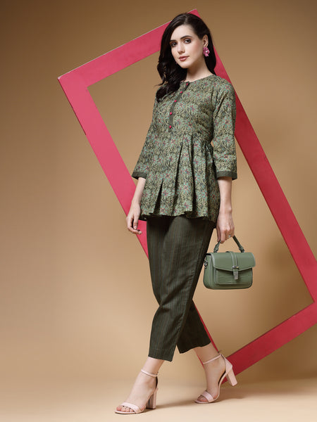 Indibelle Cotton Floral Print  Co-ord Set - Green